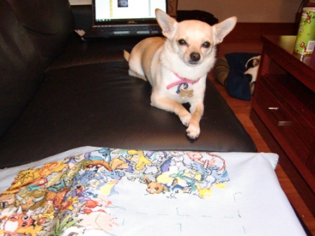 my dogs (see if you can spot dog 2). they love to sit on my lap, which makes stitching so hard. many nights i've given up coz its more fun to play with the doggies!