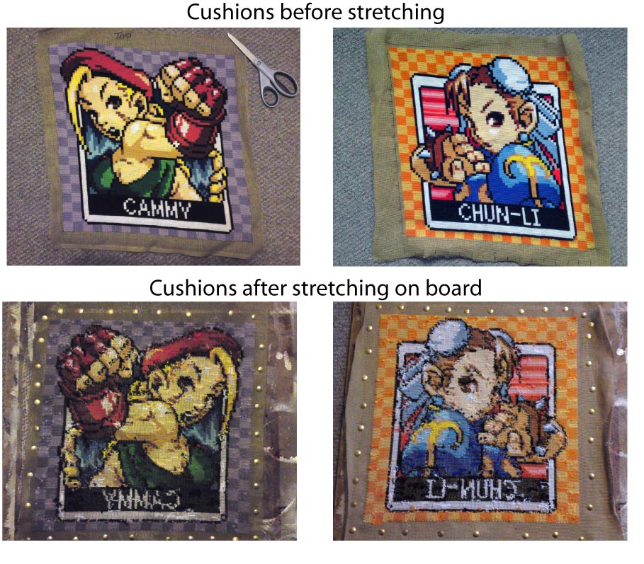 this shows how the canvasses look after stitching and when they are on the board drying